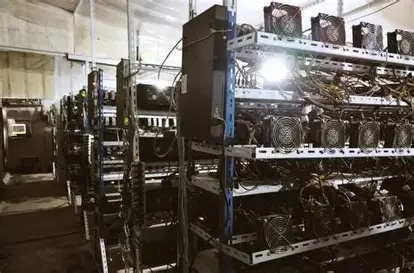 Expansive cryptocurrency mining farm with rows of hosting miners