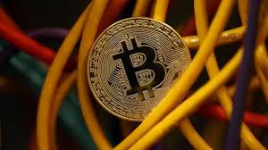 Visual representation of Bitcoin transactions being processed on a mining farm